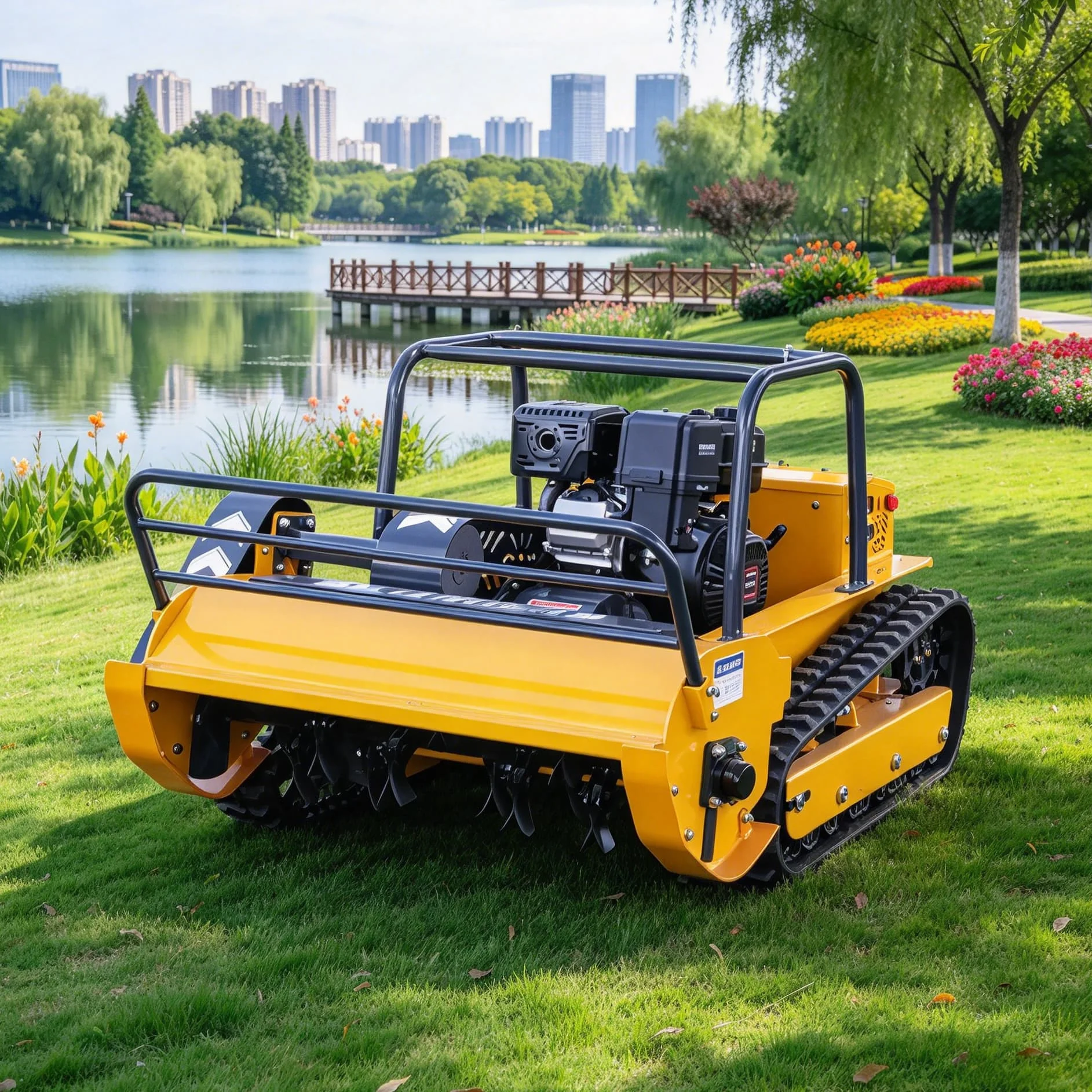 Customized resort green space four‑stroke crawler robot lawn mower with beautiful exterior design, match scenic environment well