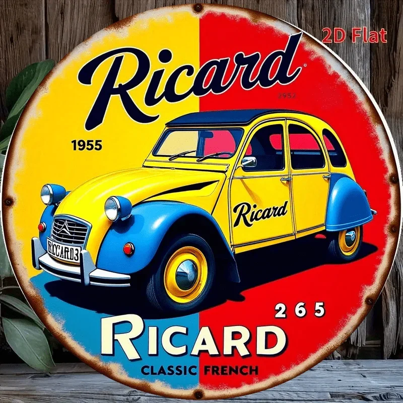 Tin Sign - Ricard Citroen 2CV Metal Plaque, Vintage Durable Metal Plaque Wall Decor, Home Office Bar Man Cave Wall Art