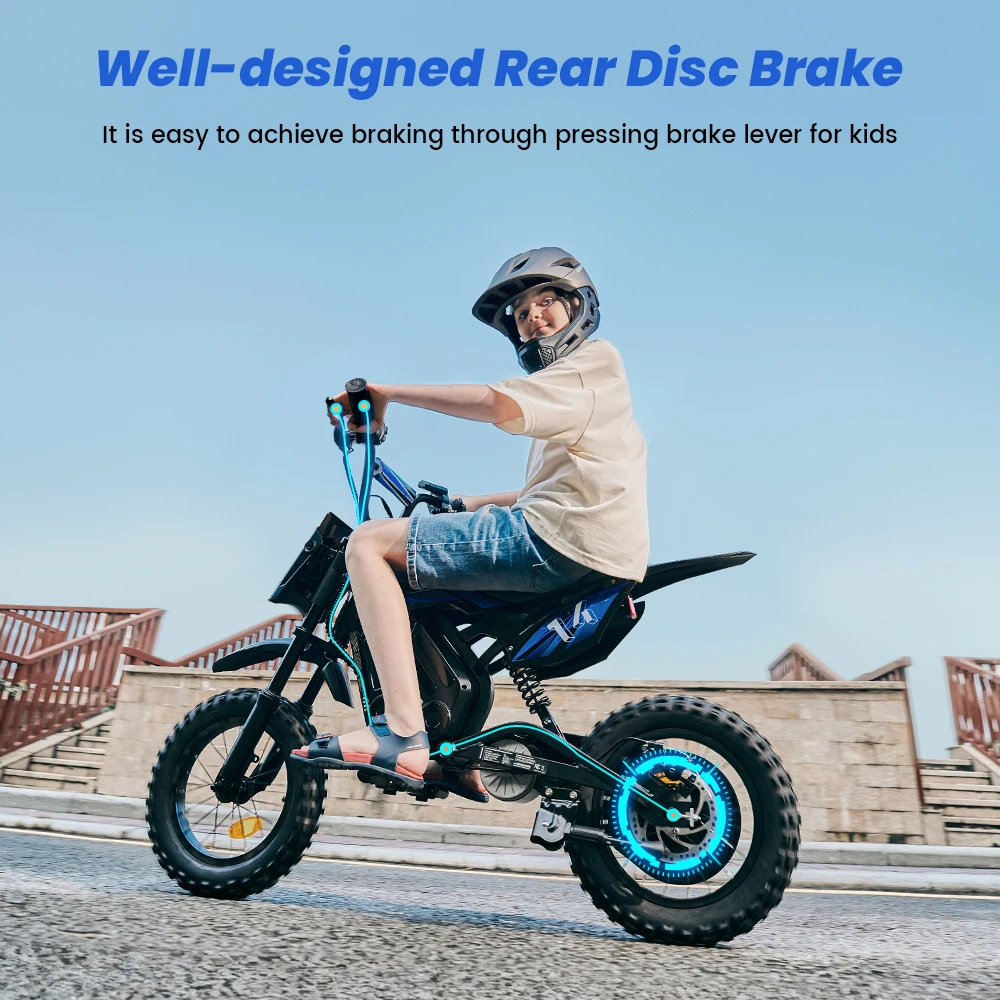 Motocicleta eléctrica IScooter para niños, 500 W, 5,2 Ah, modelo A14, velocidad máxima de 27 km/h, 14 pulgadas, para uso en terrenos irregulares y fuera de carretera.