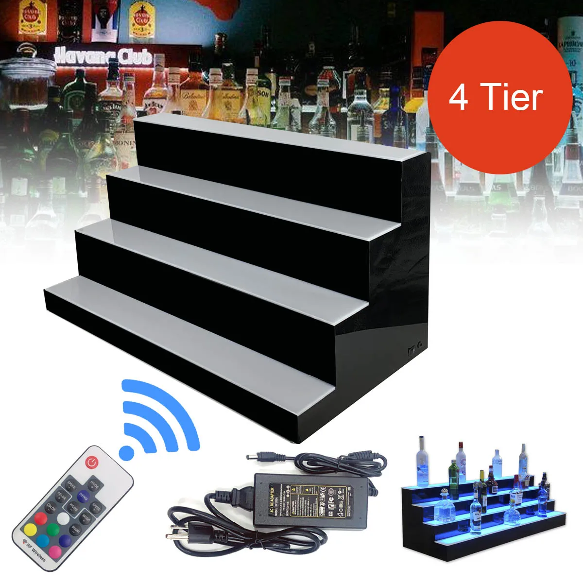 Rak berlampu LED 31.49 dalam 4 tingkat, rak pajangan botol minuman keras belakang menyala 7 warna dengan Remote