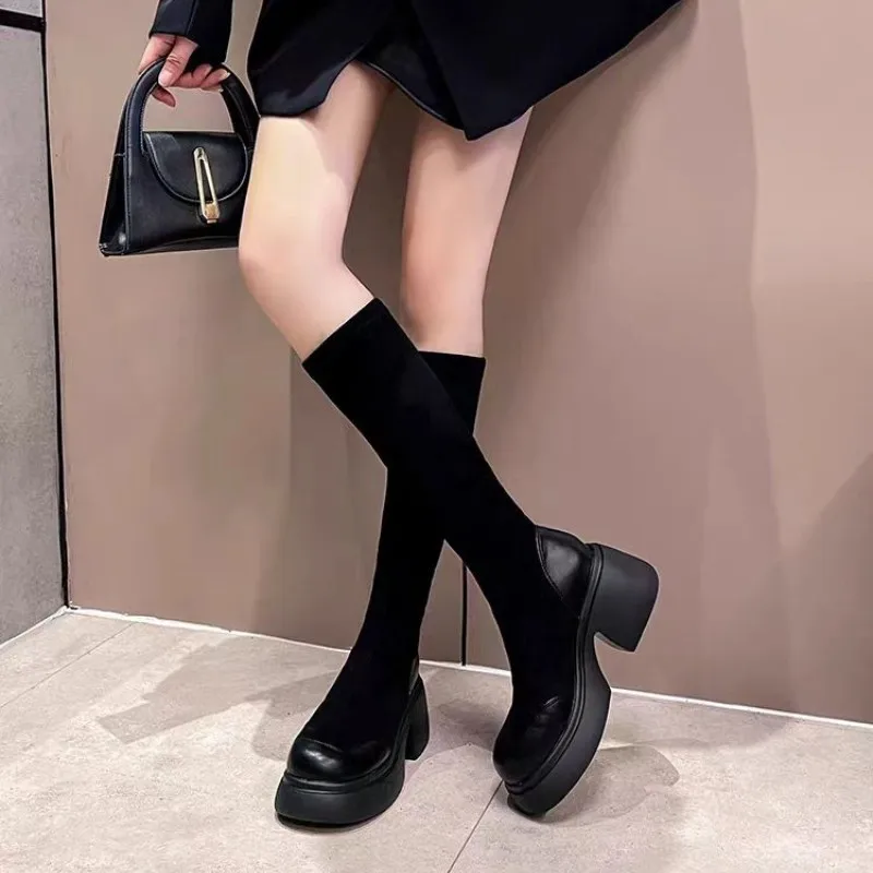 

Женские сапоги до колена на толстой подошве, на высоком каблуке, для похудения, на резинке, модные, универсальные. Новое поступление осени и зимы.