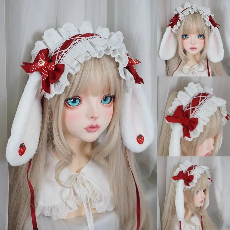

Новый оригинальный головной убор ручной работы в стиле Харадзюку с клубникой в стиле Лолиты, японский сладкий бант с кроличьими ушками, повязка на голову KC, милый аксессуар для волос для горничной