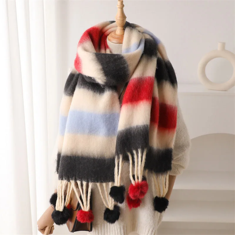 جديد الشتاء وشاح للنساء الملونة مخطط شعري الباشمينا الأوشحة يلتف الإناث سميكة لينة Bufanda شرابات كبيرة شال طويل #4