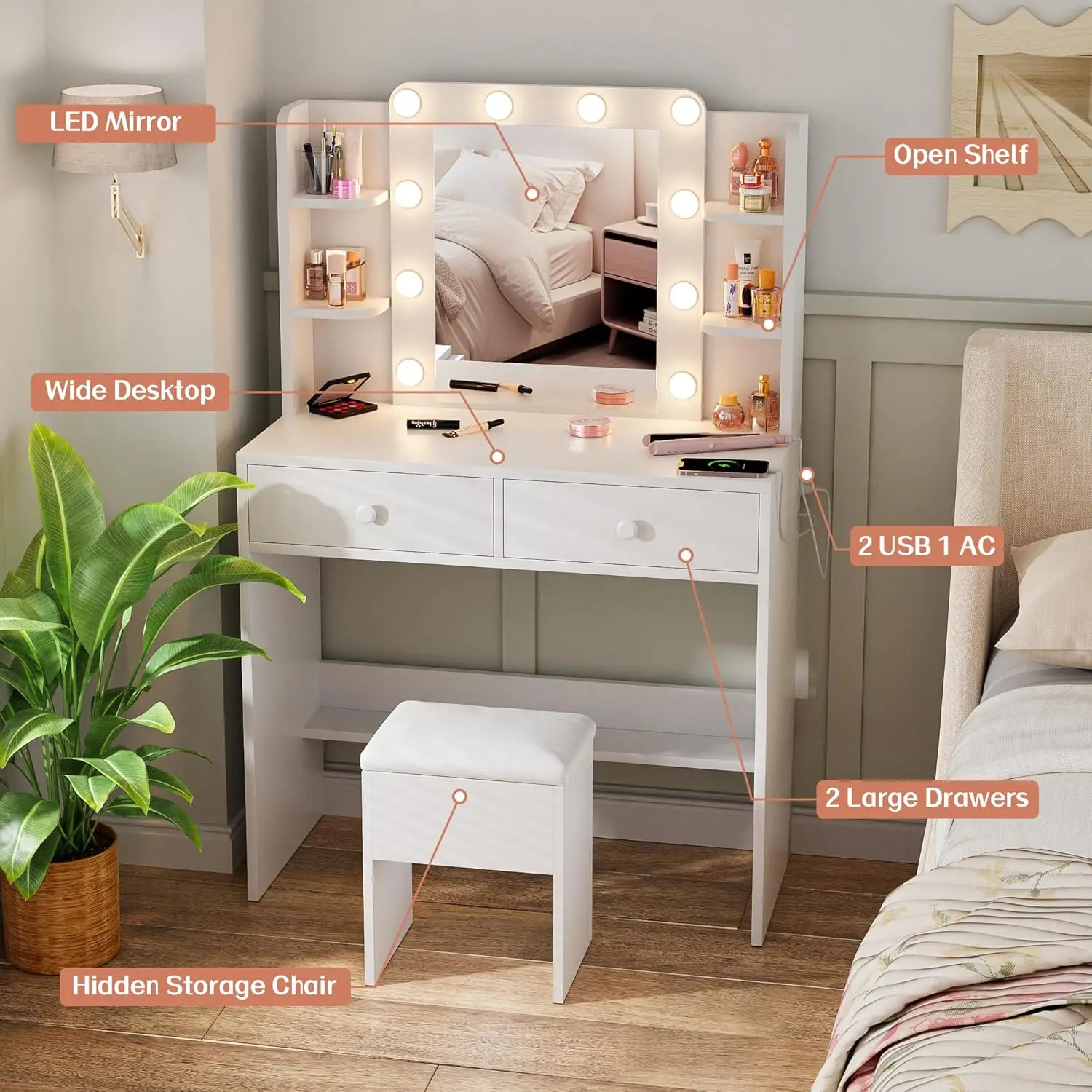 Makeup Vanity Desk with Mirror and Power Outlets, Vanity Table with 3 Color Modes Adjustable Brightness, Dressing Table Set with