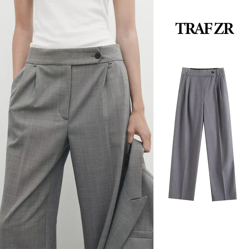 TRAF ZR Chic and Elegant Woman Pants Female Office Lady Solid High Waist Female Trousers Old Money Fashion Straight Suit Pants