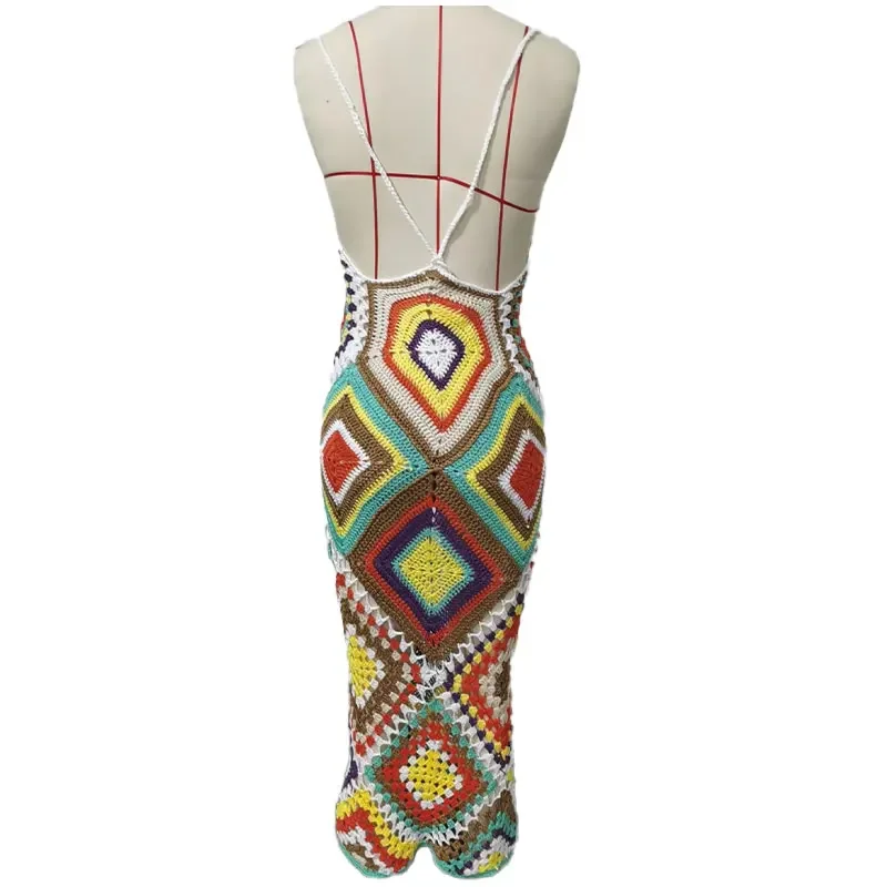 Ximina Hippie Boho Print Dresses For Women 2023 Vintage Plaid Contrast Color Sleeveless Maxi Dress Ladies Holiday Streetwear