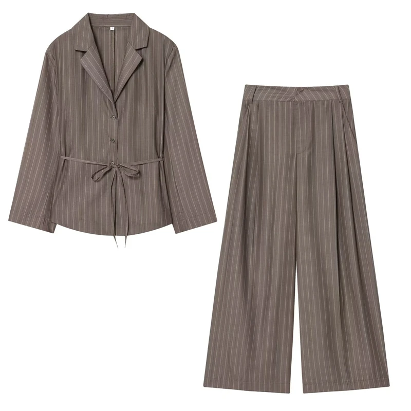 Costume deux pièces en lin pour femme, ensemble pantalon élégant, Blazer rayé, veste droite, jambes larges, nouvelle collection automne ﻿ Aftenстюм