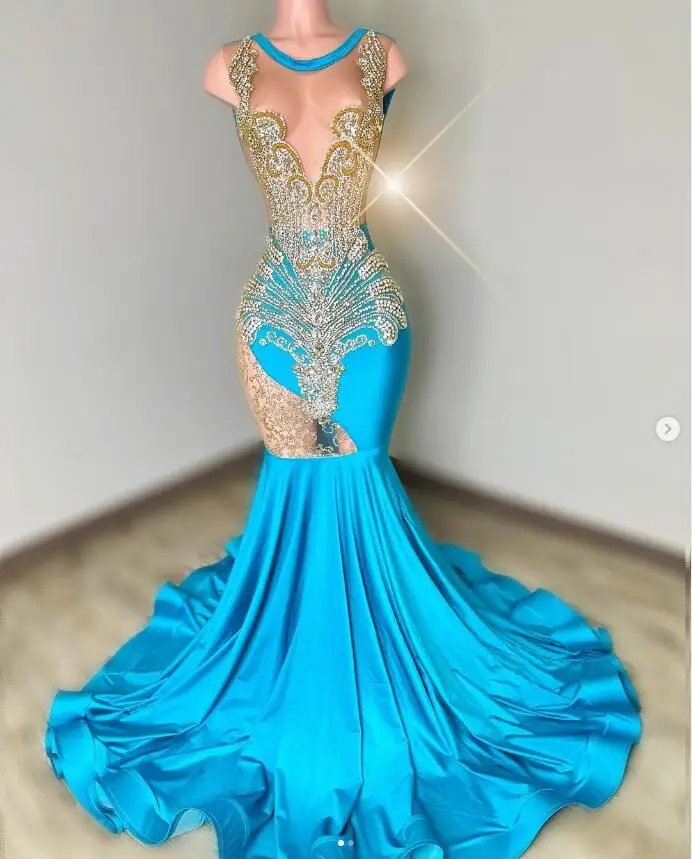 Aqua Blue African Black Girl Prom Dresses Sparkly Crystal Stain Sheer Mesh Mermaid Party Pageant Gown muslimmuslimah