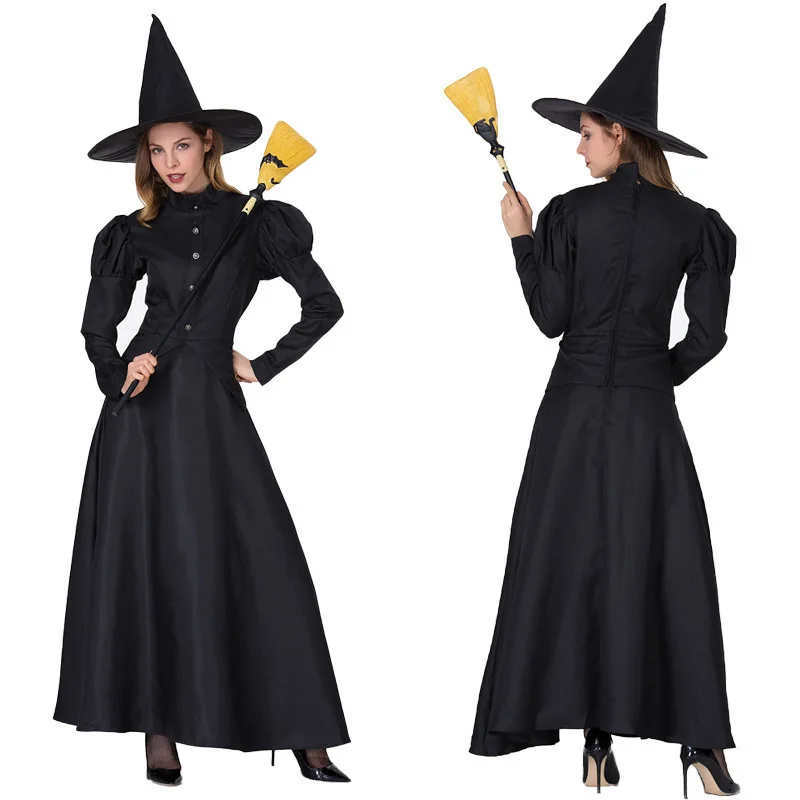 

Black Witch Costume Women Dress Gothic Wizard Party Cosplay Cone Magic Hat with Long Sleeve Witch Dress Two Piece Movie Roly