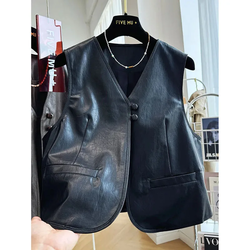 

2025 Spring Autumn Vintage Vests Coat Female Sleeveless Leather Waistcoat Outwear Tops Pu Leather Pocket Vest Jacket Women