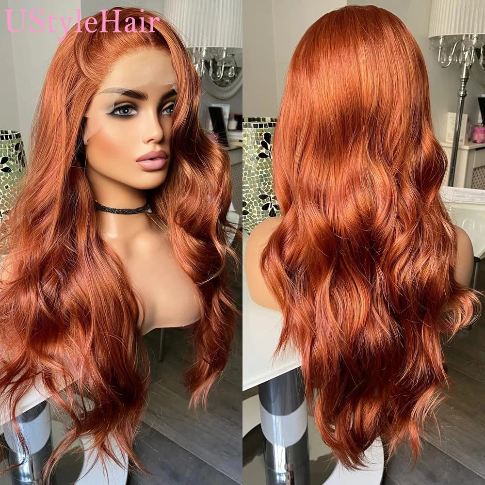 UStyleHair Copper Red Long Natural Wave Wig Natural Hairline Lace Front Wig Heat Resistant Synthetic Hair Daily Use Cosplay Wig