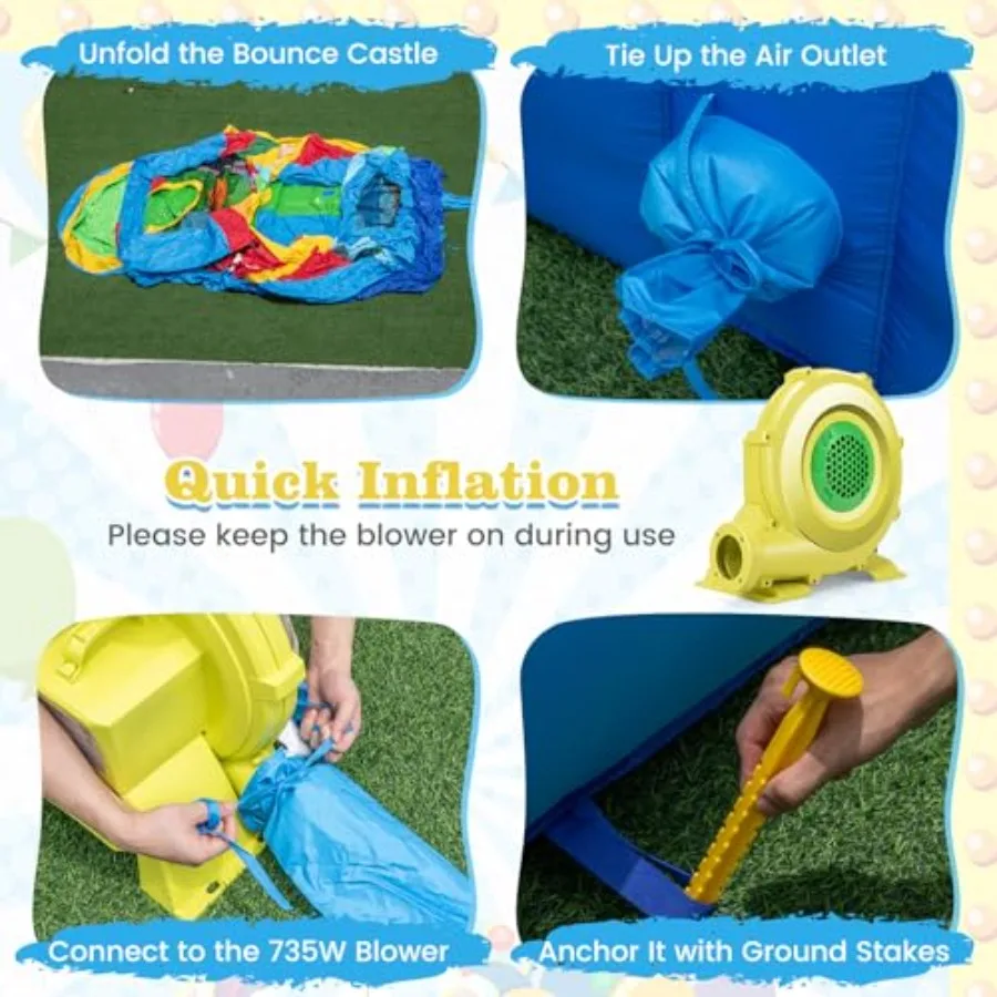 Casa da rimbalzo 14,5x6FT, ponticello gonfiabile con scivolo, bracciolo con palline, parete da arrampicata, ostacoli, area di salto, borsa per il trasporto, kit di riparazione, pollici