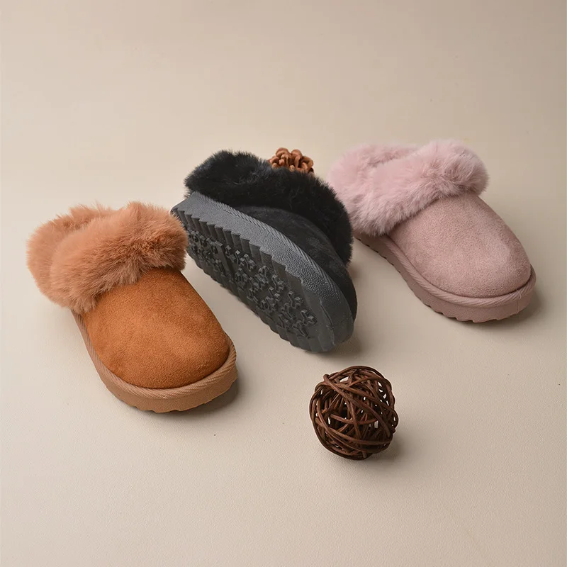 Plush Solid Boys Girls Slippers Faux Fur PU Soft Children Slippers House Warm Thick Non Slip Kids Winter Shoes