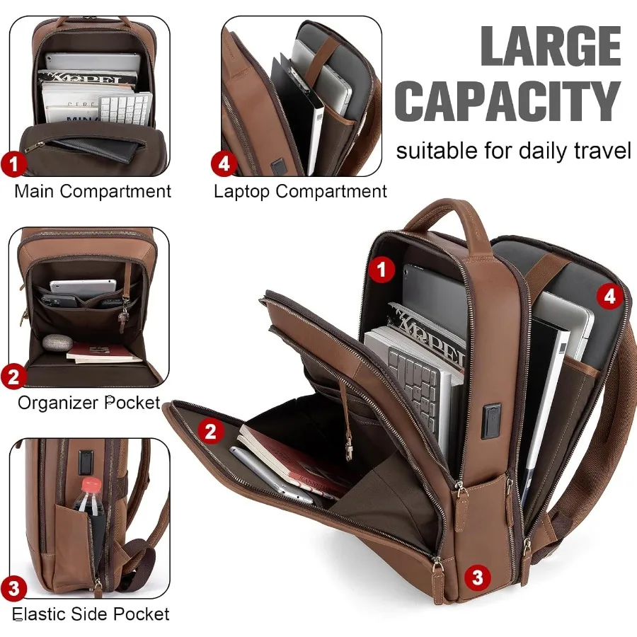 حقيبة ظهر للكمبيوتر المحمول من الجلد من Tzowla للرجال والنساء حقيبة ظهر للعمل والسفر تناسب حقيبة الكمبيوتر المحمول مقاس 15.6 بوصة مع USB و T #2