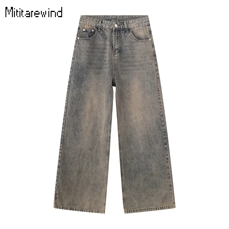 

Korean Streetwear Retro Mens Jeans Y2k High Street Washed Distressed Baggy Jeans Men Casual Cotton Full Length Straight Jeans