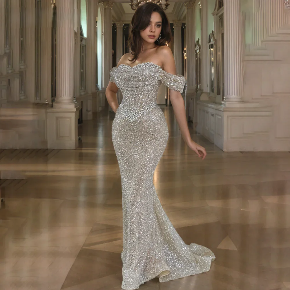 

Gorgeous Off Shoulder Mermaid Ball Dress Sweetheart Fish Bone Glitter Evening Dress Formal Party Dress Customization