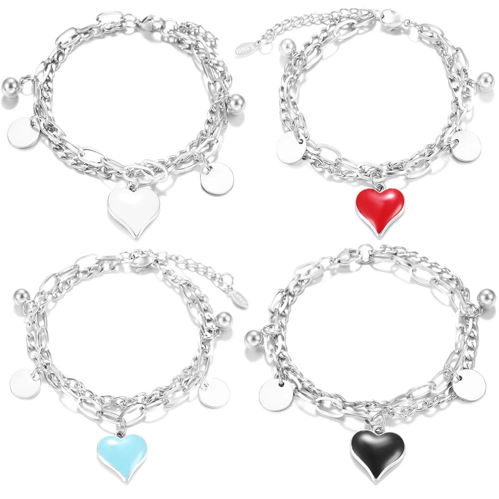 Trendy Oil Drip Painted Heart Shape Pendants Bracelet 4 Colors Stainless Steel LOVE Women Trending Double Layer Bracelet Jewelry