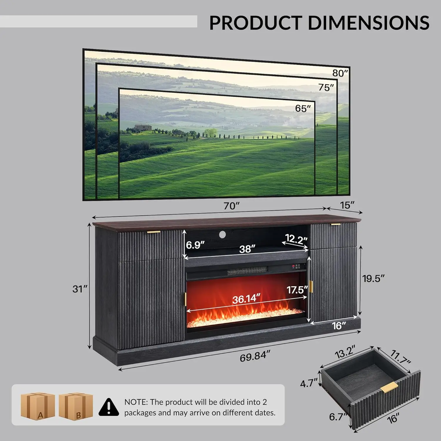 Suporte de TV com lareira canelada para TVs de até 80 polegadas, centro de entretenimento moderno com lareira elétrica de 36"