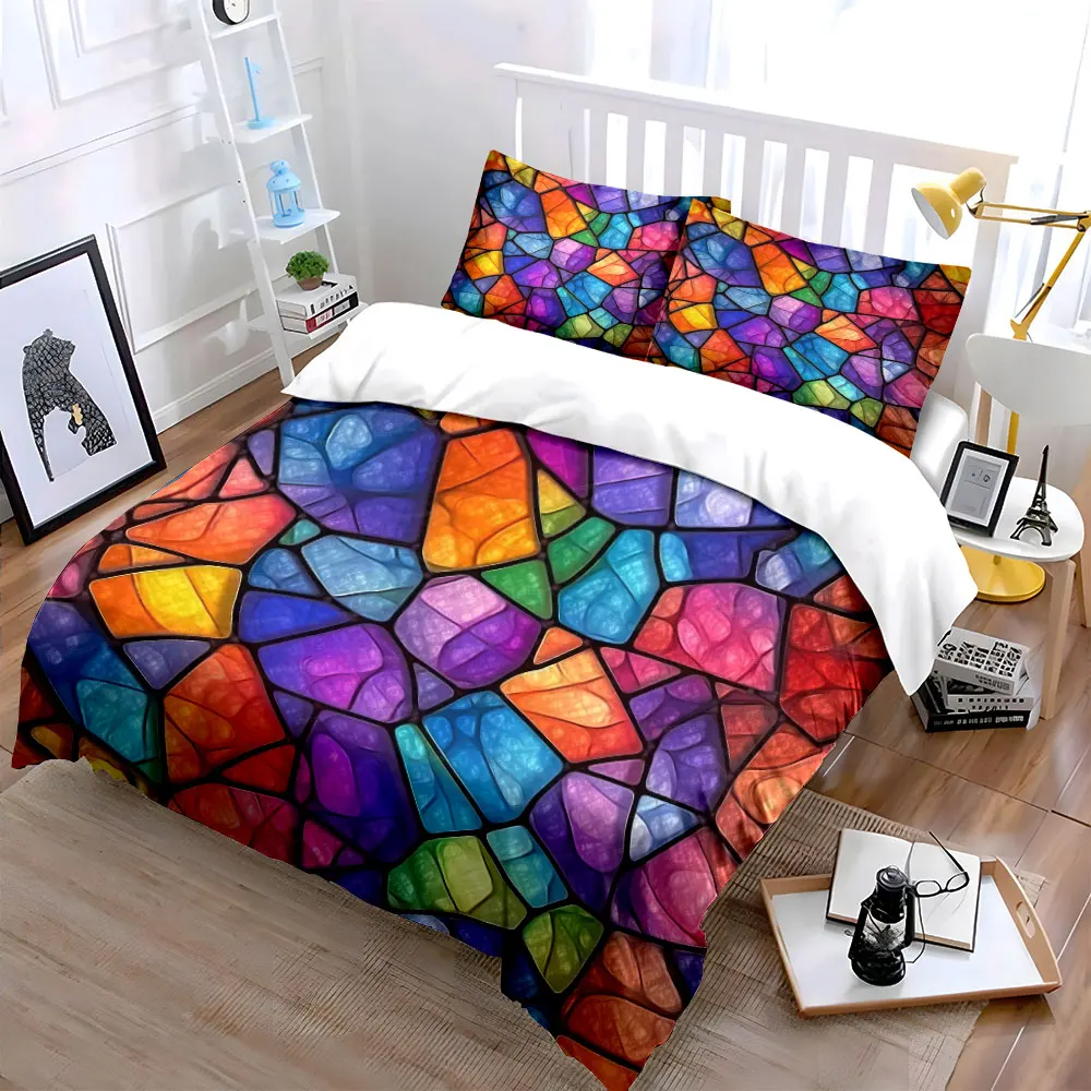 3pcs Colorful Stained Glass Mosaic Duvet Cover Set with 3D Printing Design Soft Polyester Bedding Set All-Season Comfort