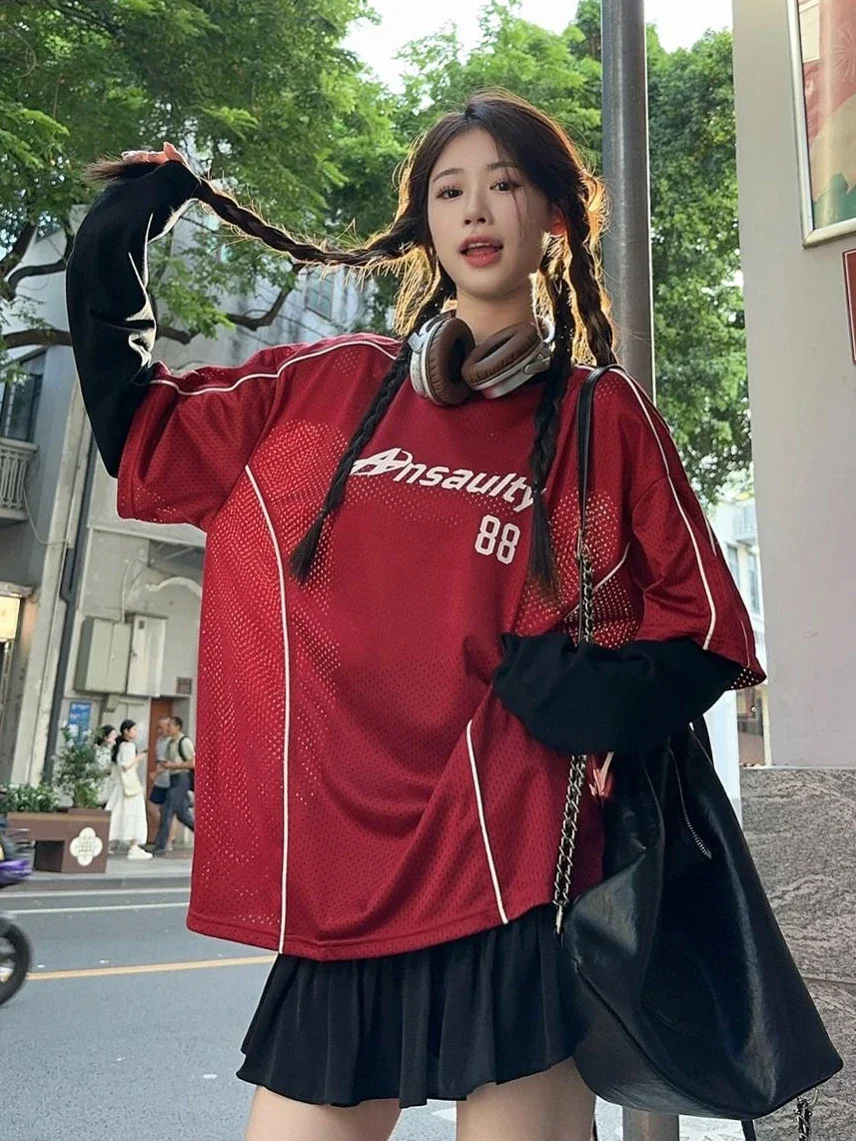 Deeptown Streetwear Oversize Sweatshirt Women American Vintage Y2k Graphic Fake Two Piece Jersey Grunge Hip Hop Long Sleev Tops