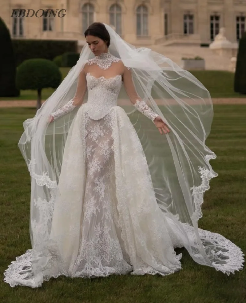 EBDOING فستان الزفاف حورية البحر الدانتيل 2 في 1 س الرقبة العنق كامل الأكمام ثوب العروس مخصص
