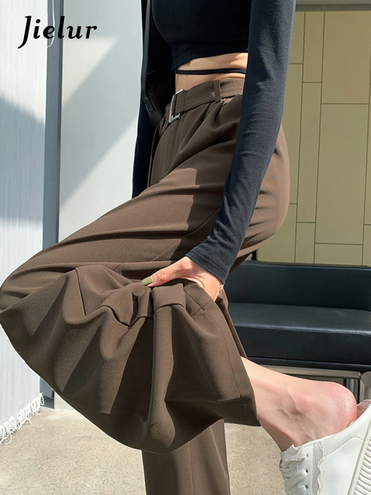 Jielur Black Straight Casual Belt Female Suit Pants Loose Fashion Autumn Solid Color Wide Leg Pants Basic Office Lady Grey Khaki