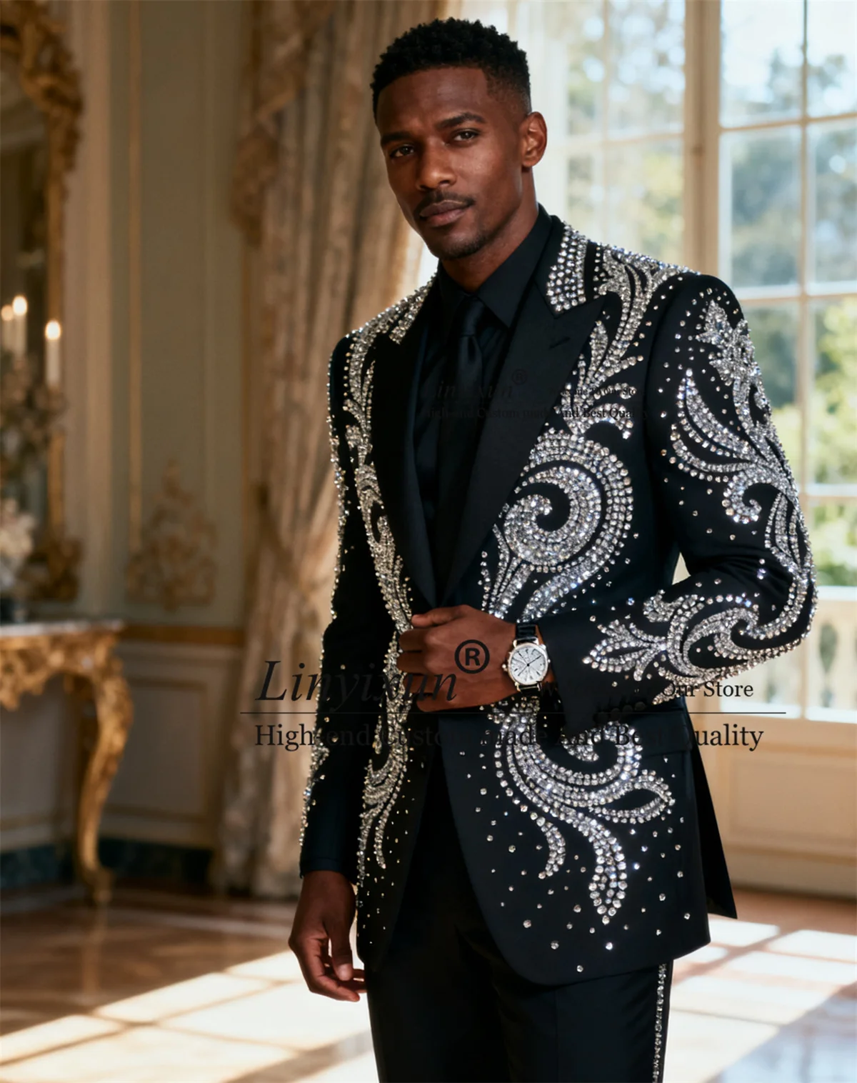 

Sparkly Diamond Rhinestones Men Suits Customized 2 Pieces Sets Groom Tuxedos Handsome Wedding Party Ropa Blazer Costume Homme