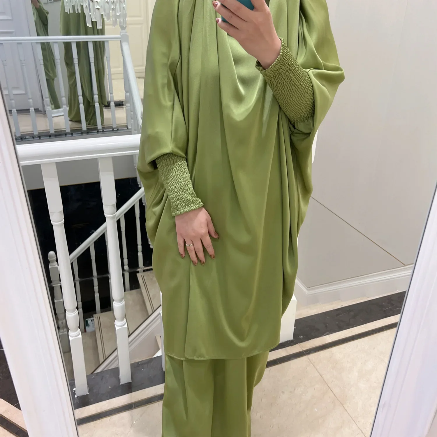 Ramadan Satijn Capuchon Abaya Khimar Set Jilbab 2-delige Islamitische Abaya voor Vrouwen Moslim Gebed Kleding Dubai Turkije Niqab Djellaba