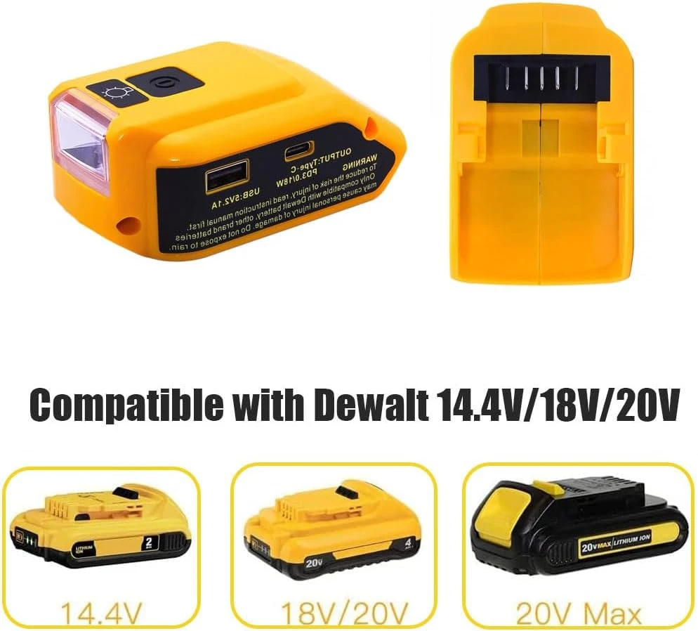 Portable Dual USB Charger Adapter for Dewalt 14.4-20V Battery Type C DC 12V Output LED Light Camping Emergency Tool No Battery