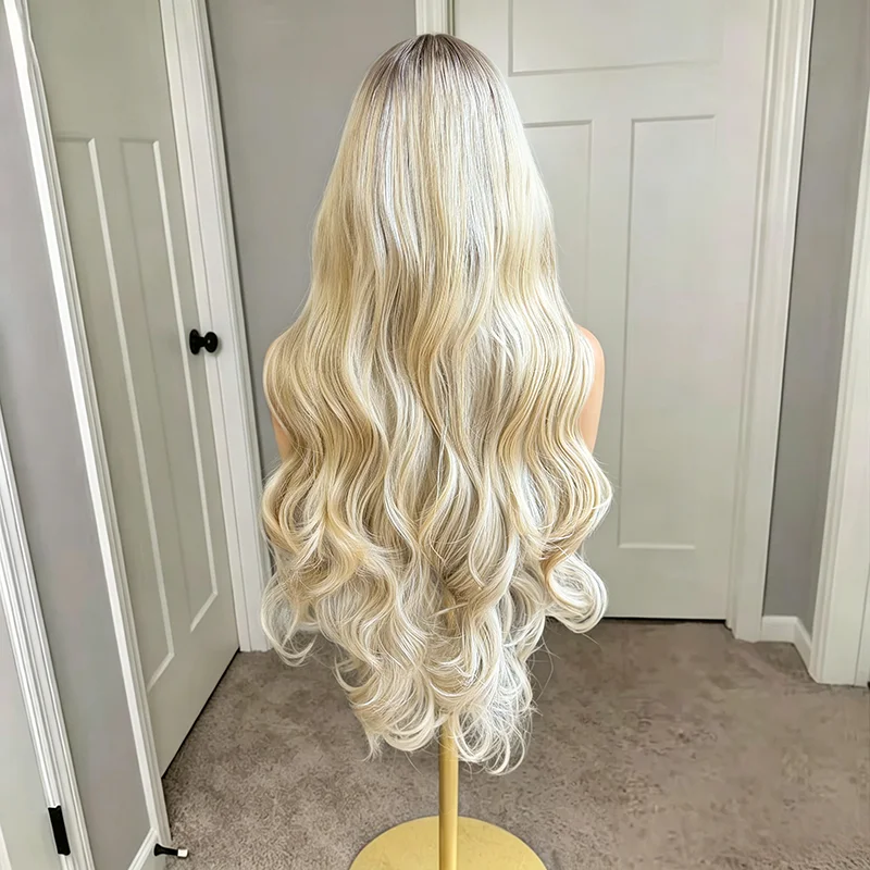 Highlight Creamy Blonde Long Wavy Lace Front Wig 13x4 HD Lace Wig Glueless Synthetic Blend Human Hair Wigs for Women Cosplay Use