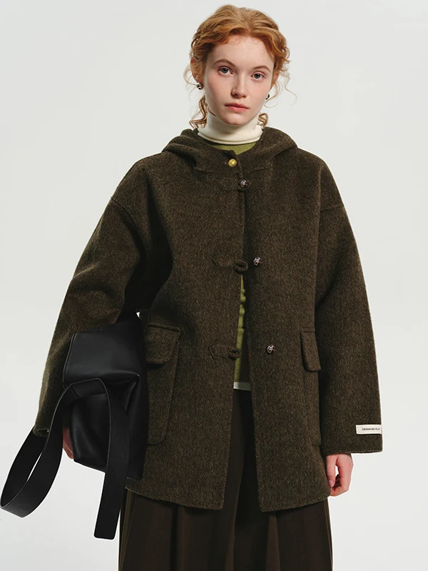 

Коричневое шерстяное короткое пальто женское зимнее маленького размера, двустороннее, с капюшоном, в корейском стиле, свободного кроя