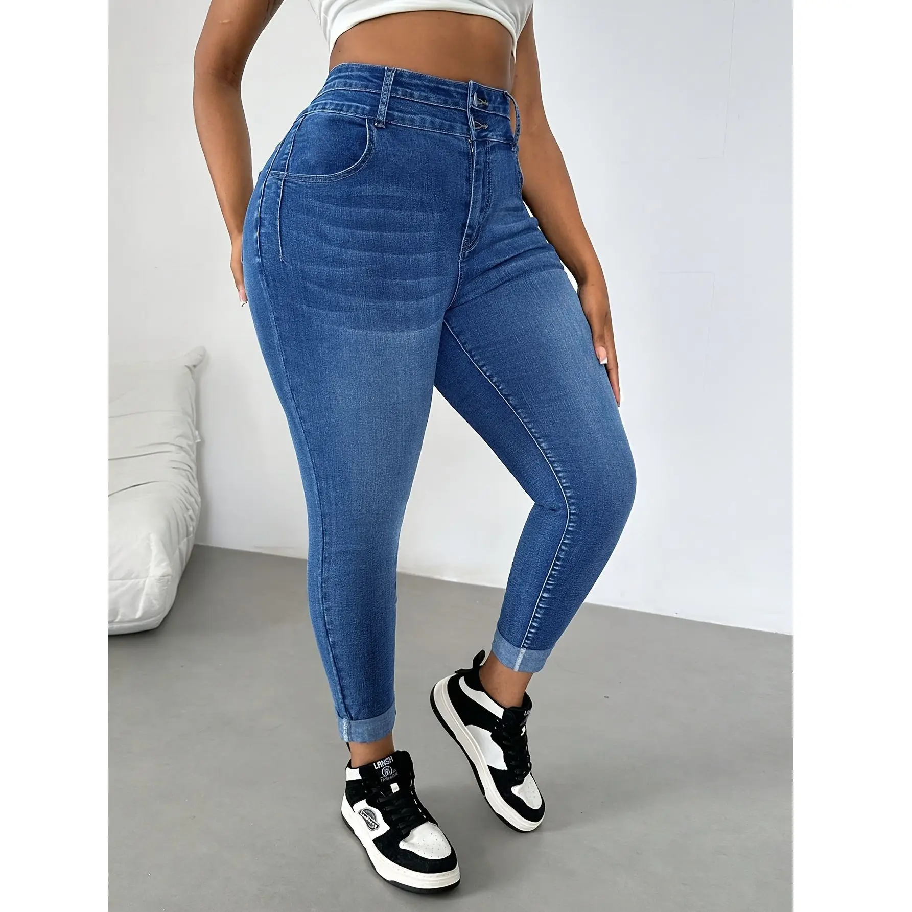 حجم كبير 5XL 4XL أزياء المرأة مثير الجينز قلم رصاص الدينيم السراويل بعقب رفع نمط الأزرق #5