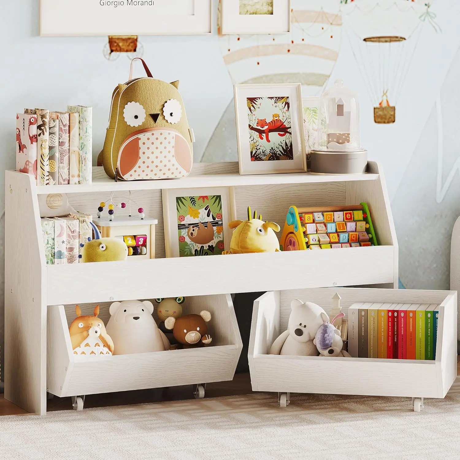 

Toy Storage Cabinet with Drawers, Boys and Girls Toy Shelf with Wheels, Toy Organizer Kids Bookshelf with Storage for Nursery