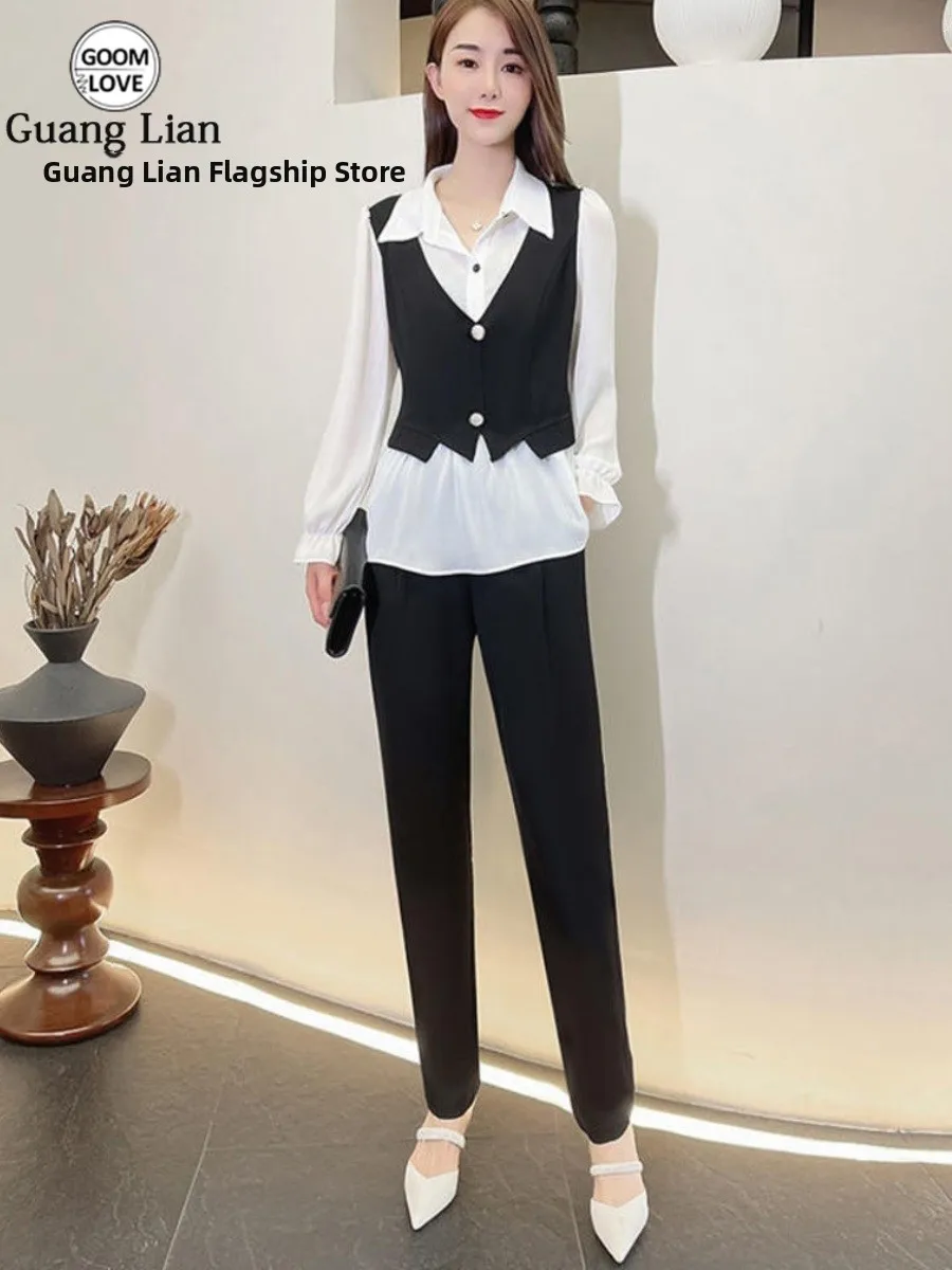 

plus Size Autumn New Style Fashionable Slimming Belly Covering Professional Two-Piece Shirt Pants Set for Women