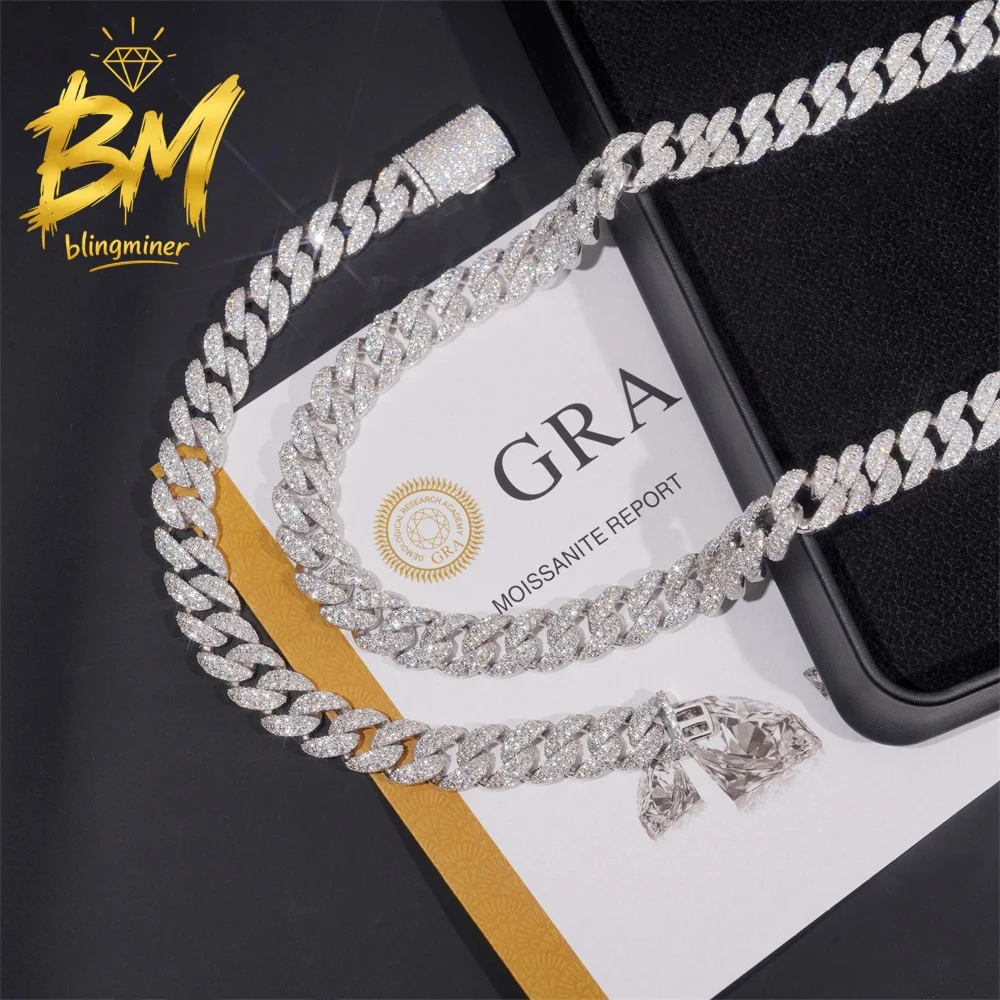 Blingminer Luxury 12mm 2Rows S925 Silver VVS Moissanite Cuban Link Chain Iced Out Necklaces For Men  Jewelry Pass Diamonds Teste