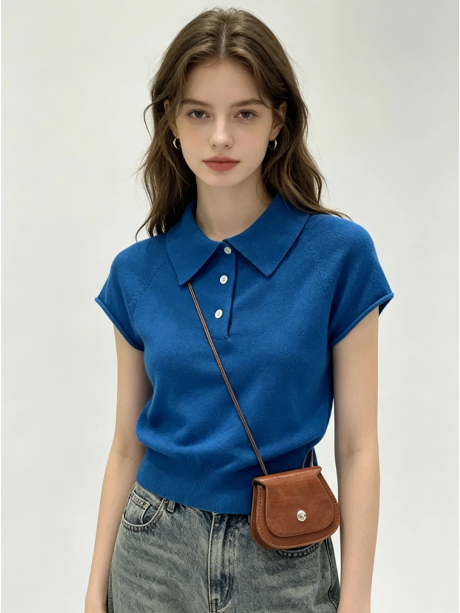 Women Polo Collar Klein Blue Knit T-shirt Y2K Gyaru Vintage Knitwear Tee Top Short Sleeve Loose Cropped T-shirt for Women Summer