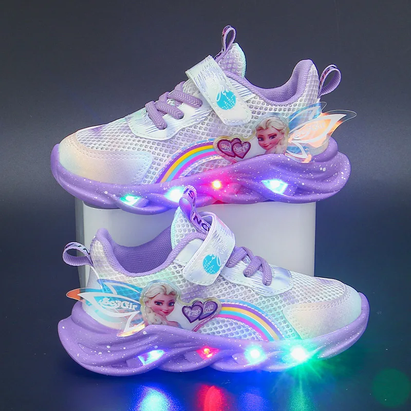 Disney-zapatos informales con dibujos animados de Frozen para niña, zapatillas con luz LED, zapatos de princesa Elsa para bebé y niño pequeño, envío