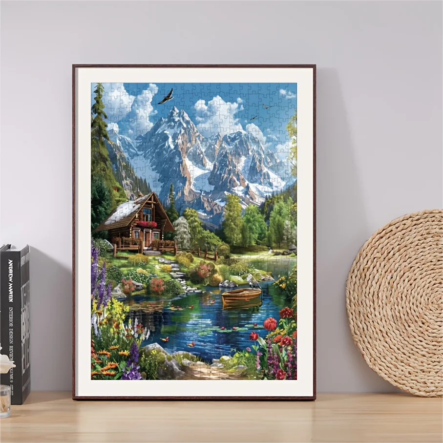 Een mini-puzzel - Villa aan het meer en sneeuwgekapte berglandschap, levendige papieren puzzel voor volwassenen, perfect voor Pasen, 1 april