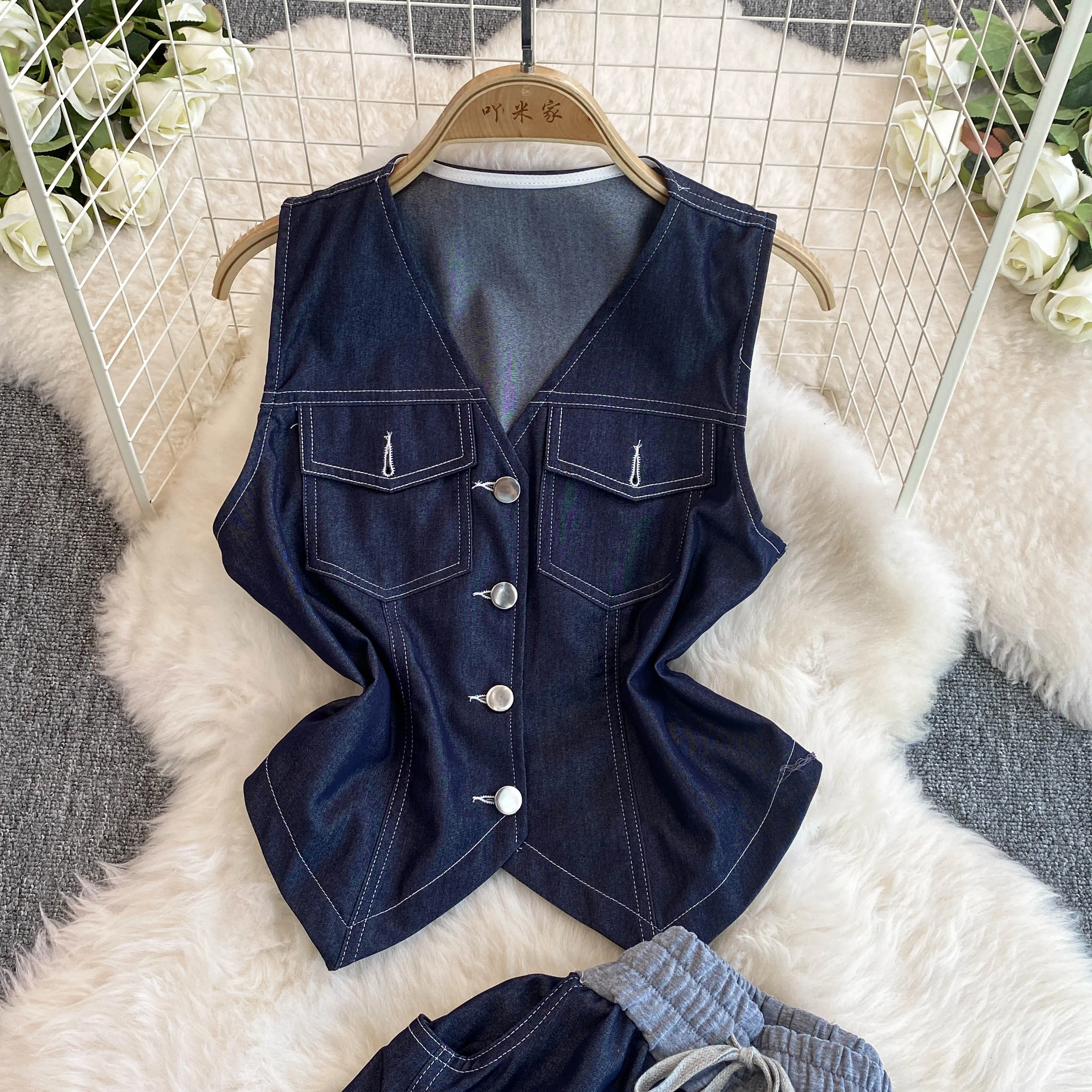 Women denim pant sets single button vest tank+high wait wide leg long pants suits casual jeans two pieces suits for junior