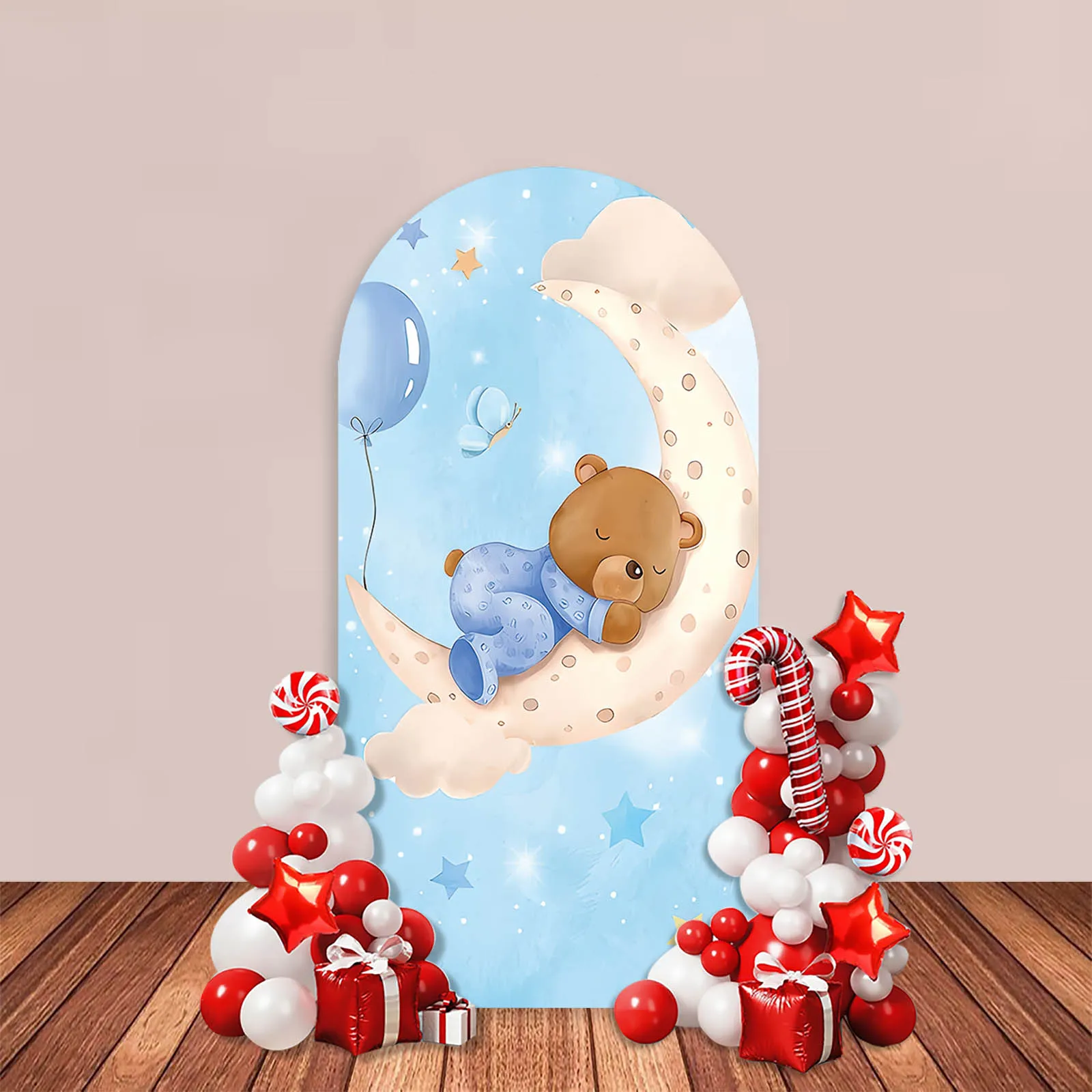 Boy or Girl Gender Reveal Arch Backdrop Cover Pink or Blue Watercolor Cute Bear Moon Balloon Baby Shower Party Decor Background