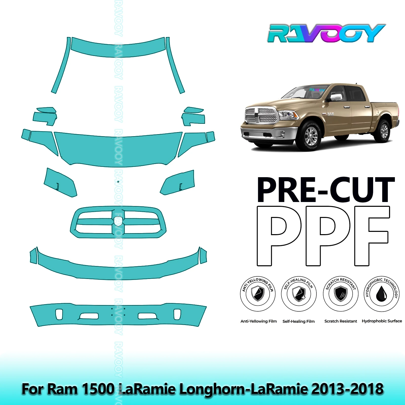 

Car Front Kit Clear Bra Precut PPF Paint Protection Film For Ram 1500 LaRamie Longhorn-LaRamie 2013-2018