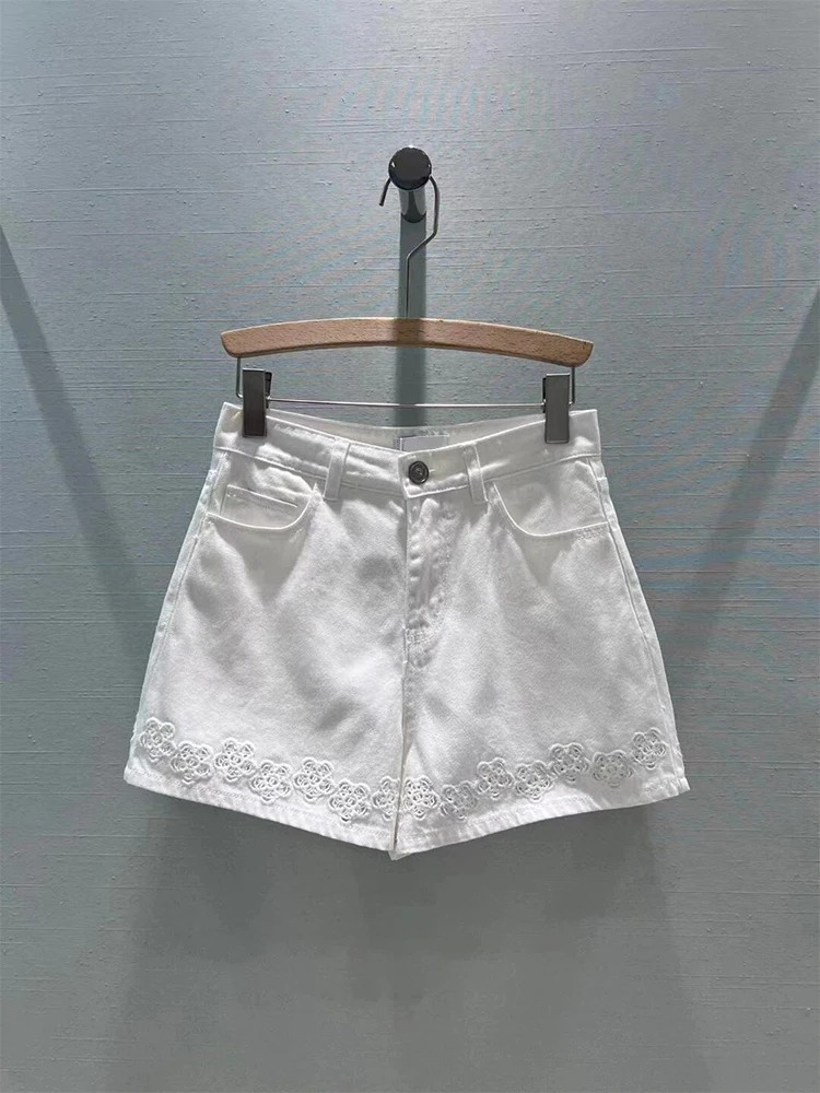 

Heavy Embroidery 3D Flowers A-Line Denim Shorts Women Summer New Loose Slim High Waist Pants Cotton Polyester Fiber Wide Leg