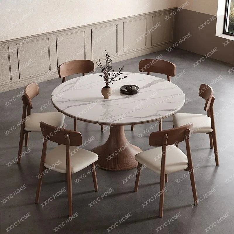 

Обеденный стол и стулья в ретро-стиле из массива дерева и каменной плиты, комплект для небольшой квартиры, раскладной.