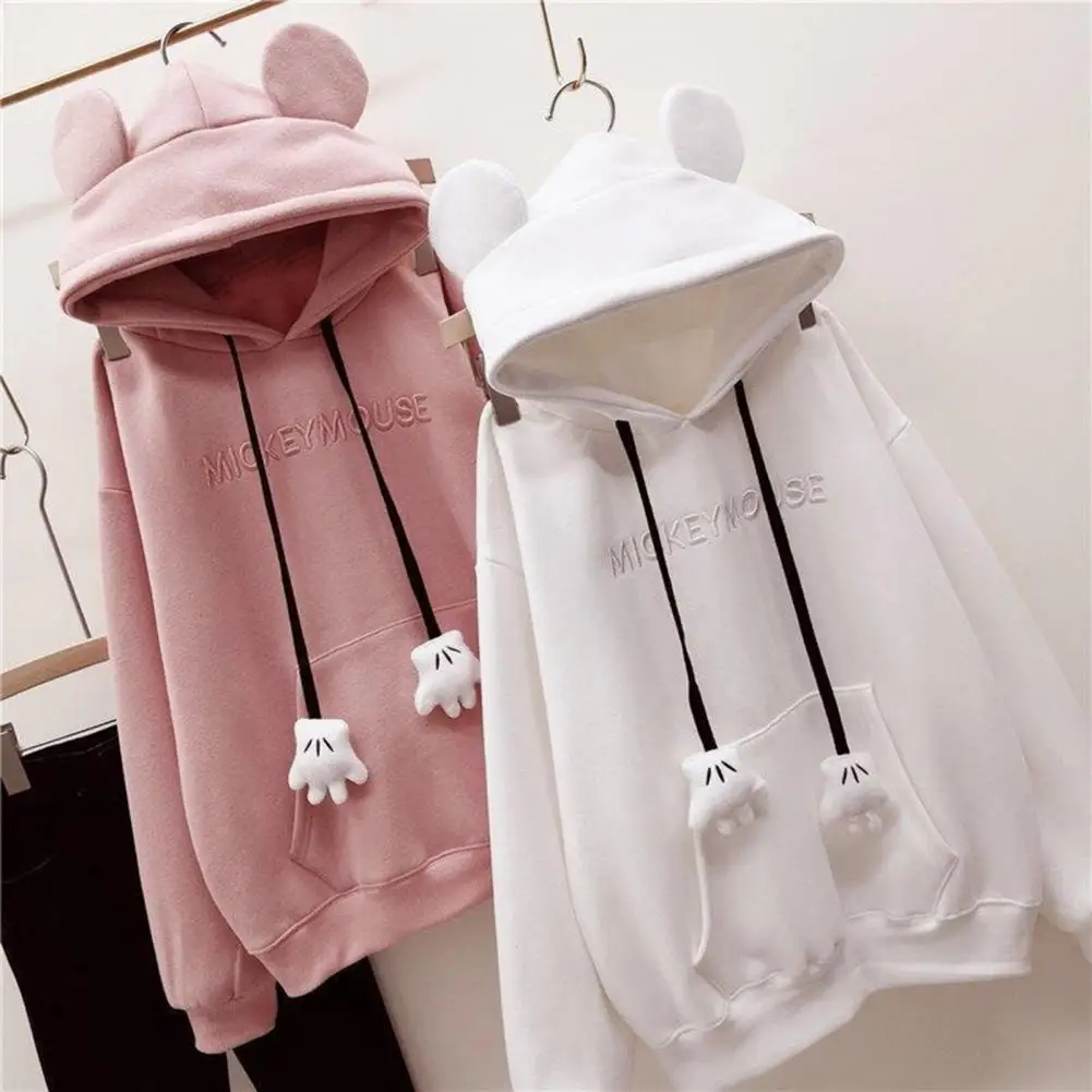 Women Hoodie Cartoon with Ear Decor Patch Pocket for Warm Pullover with Embroidered Letters Loose Sweatshirt