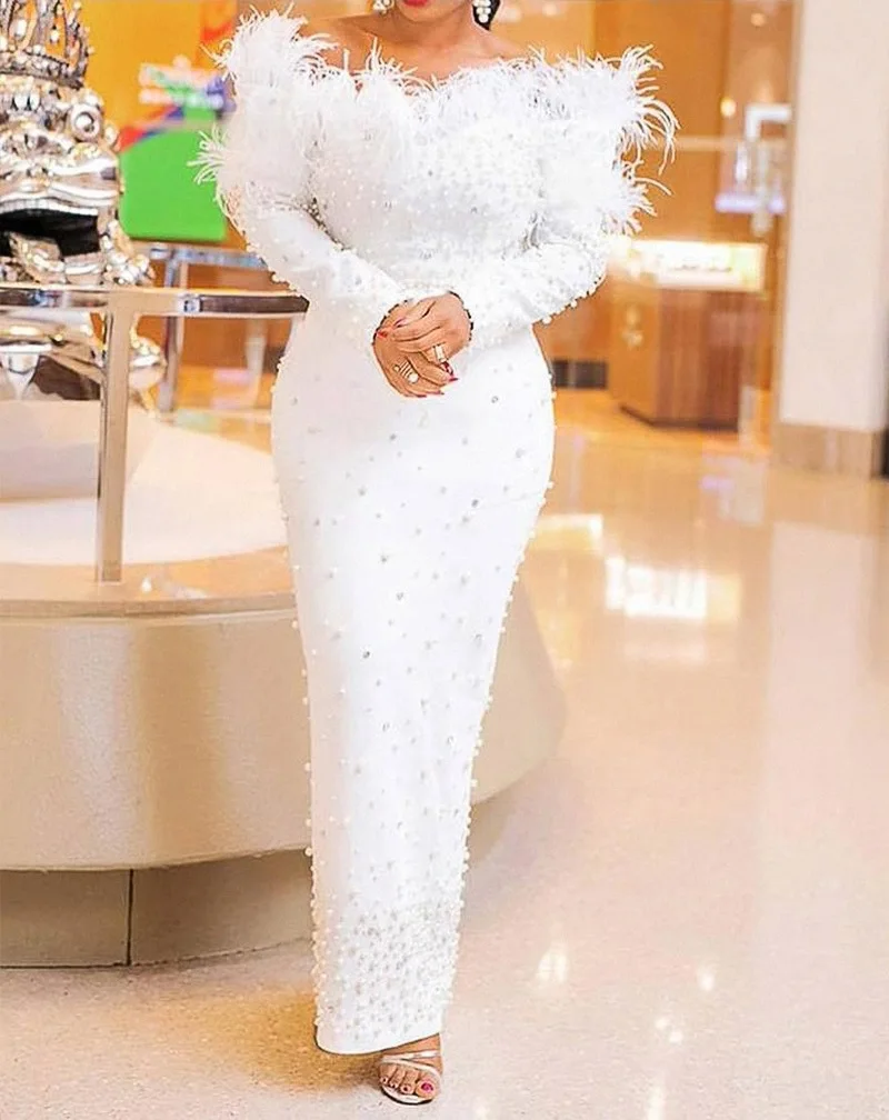 America And Africa Women Beads Prom Dress Feather Long Sleeves Wedding Party Dress Sexy Mother Of The Bride Dresses For Weddings