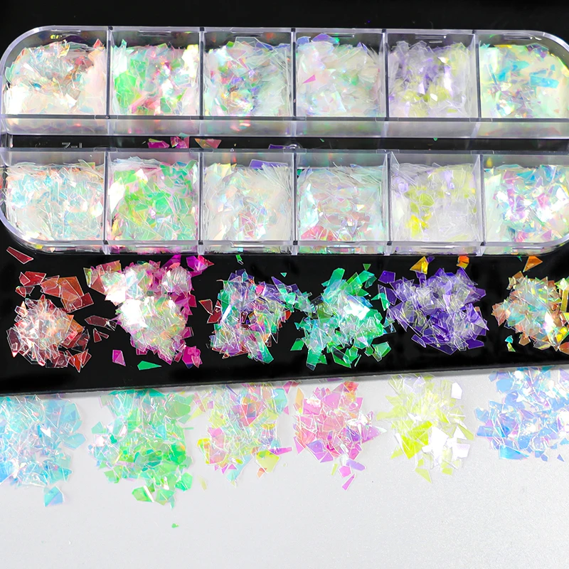 12 Grids Irregular AB Mermaid Nail Sequins Iridescent White Flakes Maple Snow Butterfly Heart Pailliette Glitter For Nails Tools