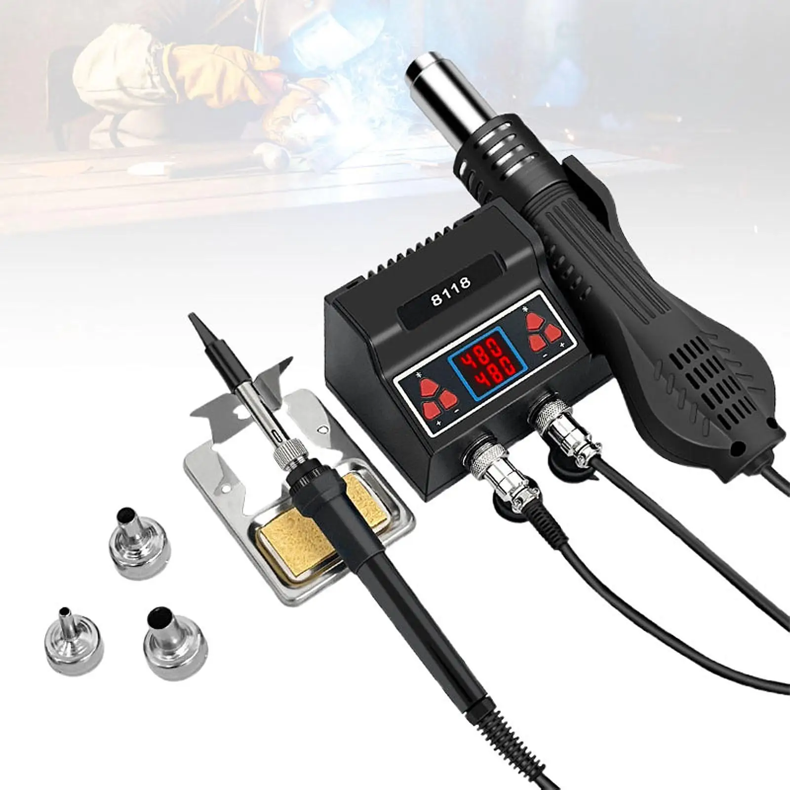

2 in 1 Hot Air Rework and Soldering Iron Station Low Noise Phone Auto Sleep