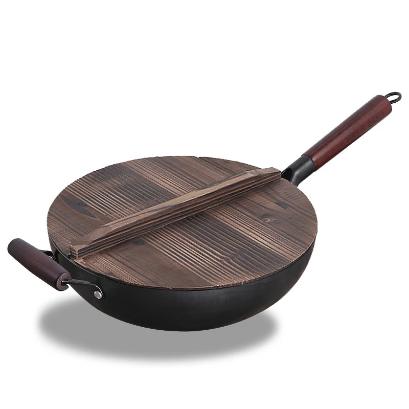 12.6 ''Wok-Pfanne aus Kohlenstoffs tahl, keine chemisch beschichteten Pfannen Chinesische Woks mit Holzdeckel für Induktion elektrik, Gas alle Öfen