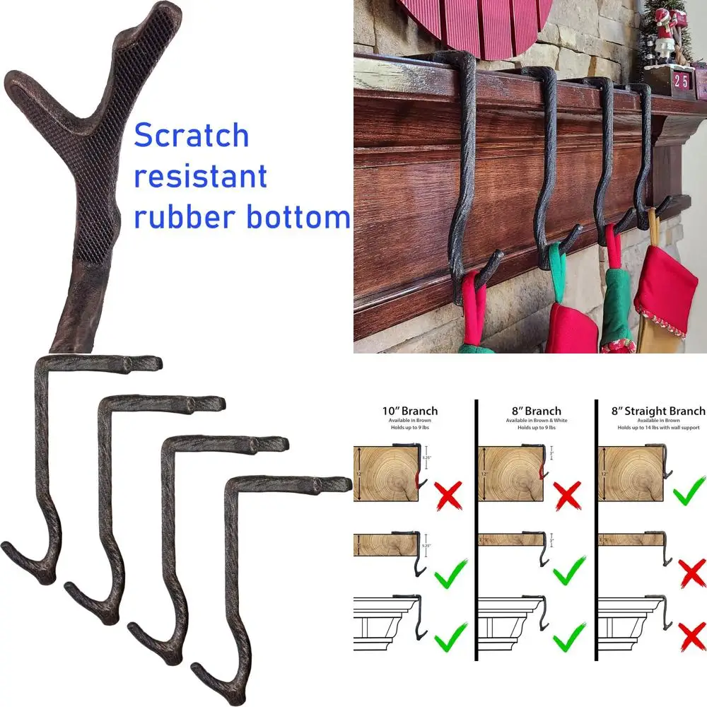

Set of 4 Cast Iron 10 Stocking Hangers, Holds Up to 9 lbs, Low Profile, Rubber Grip for Mantle or Garlands
