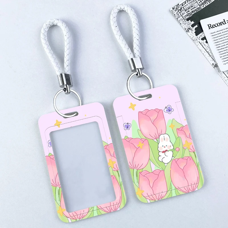 

Pink Flower Bunny Print for Bus Campus Lunch Card Bank Business Work Card Holder Credit ID Card Badge Bag Keychain Photo Sleeves